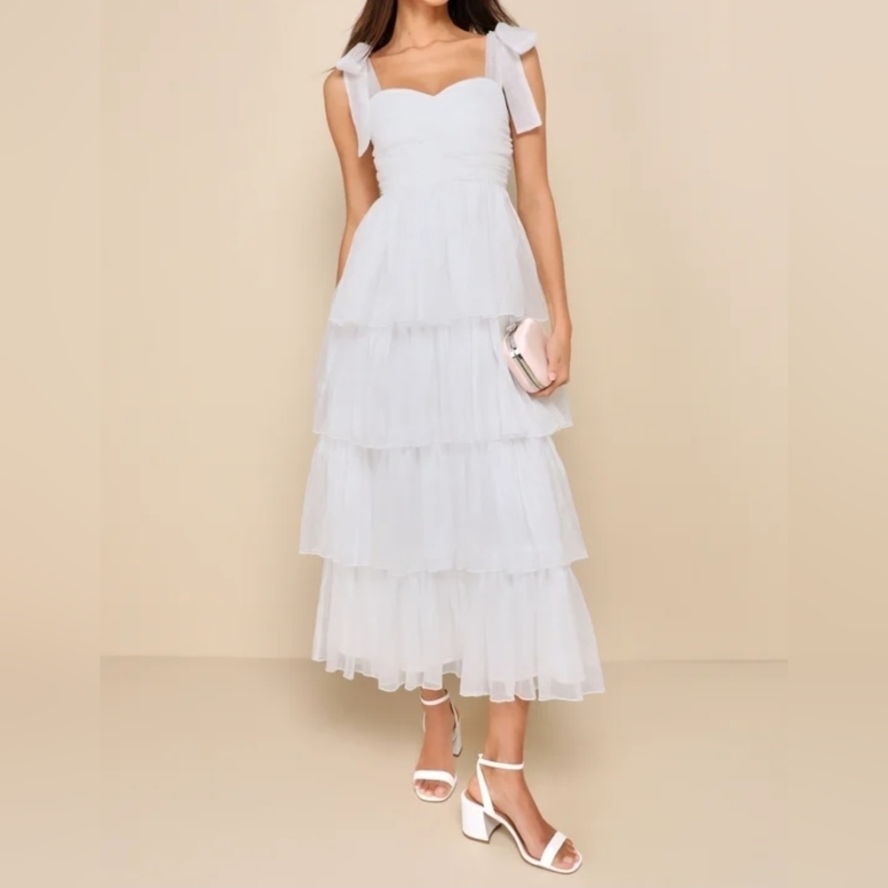 Lulus Womens Radiant Arrival Shiny White Organza Tiered Tie-Strap Maxi Dress